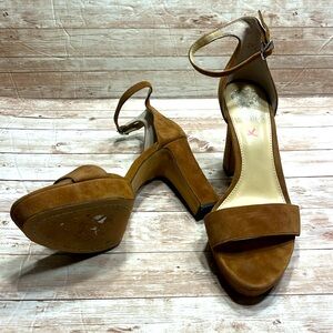 Vince Camuto Camel Color Suede 4-1/2” Blocky Heels with ankle Strap Open Toe